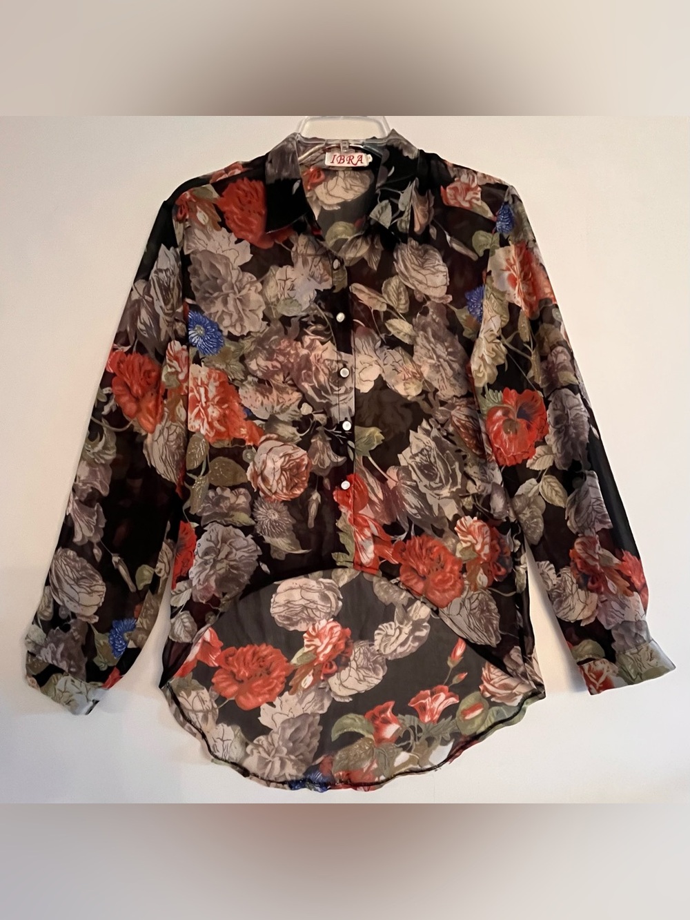 IBRA Vintage Floral Sheer Button Down Shirt High Low Mesh Blouse